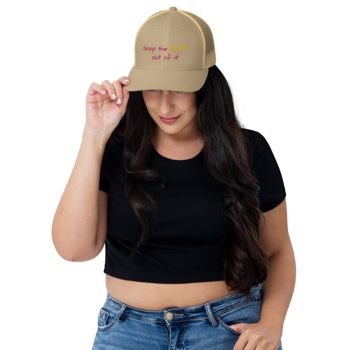 Snap the flock out of it! Trucker Cap (pink font)