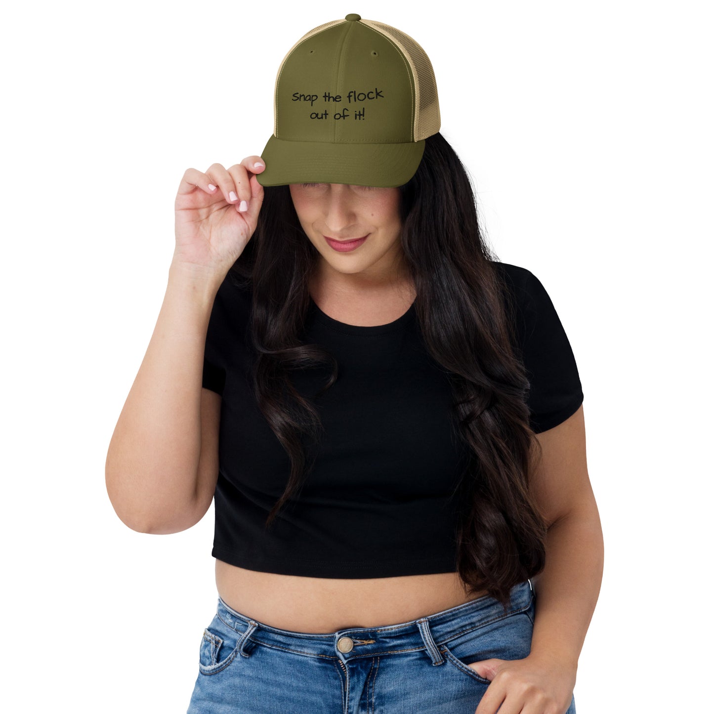 Snap the flock out of it! Trucker Cap (black font)