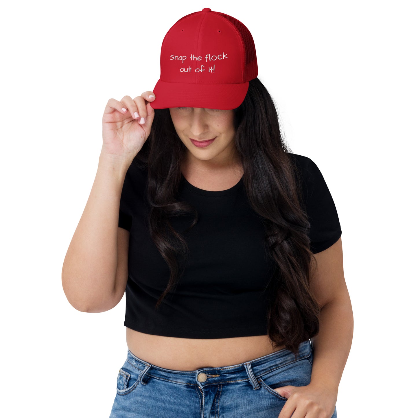 Snap the flock out of it! Trucker Cap (white font)