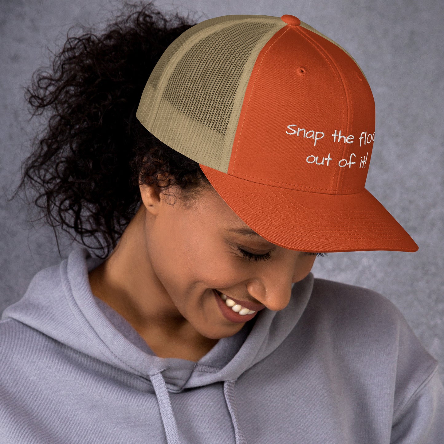 Snap the flock out of it! Trucker Cap (white font)