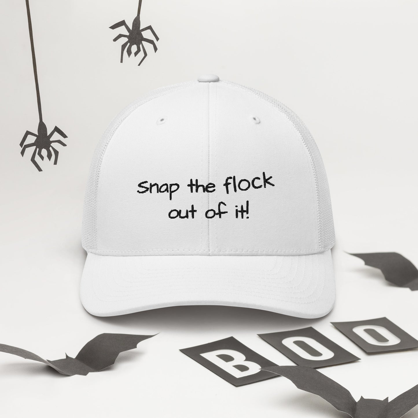 Snap the flock out of it! Trucker Cap (black font)