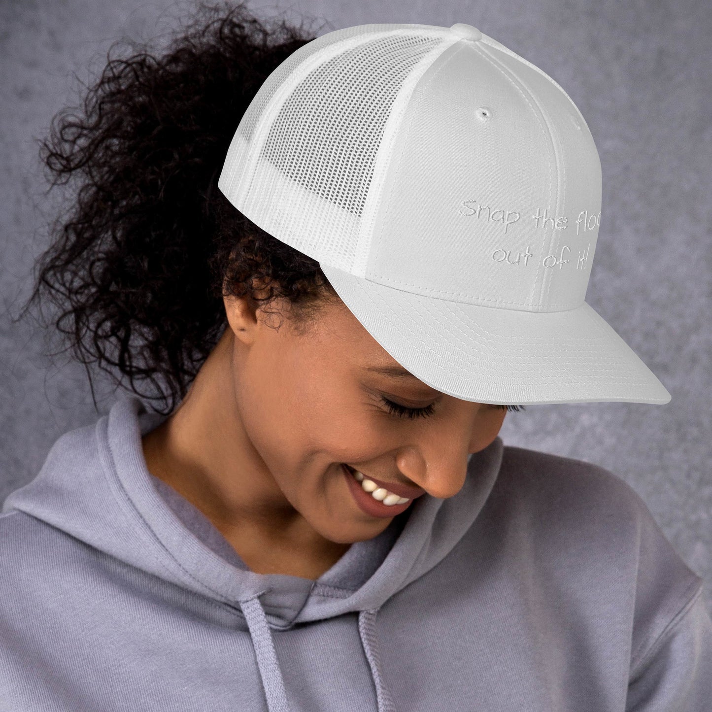 Snap the flock out of it! Trucker Cap (white font)