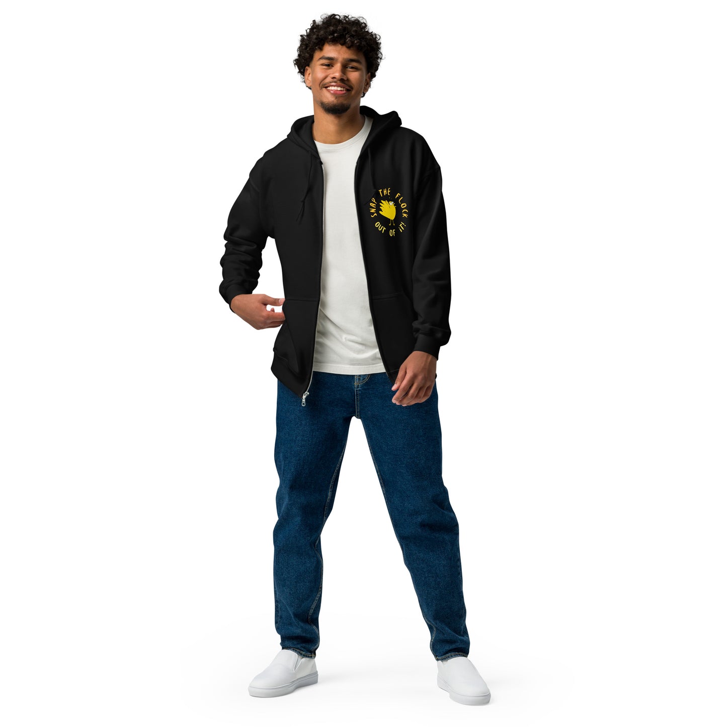 Snap the flock out of it! Unisex heavy blend zip hoodie (yellow font)