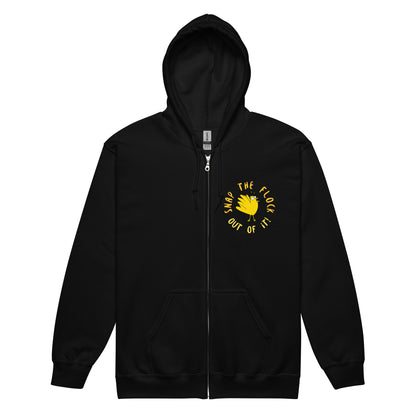 Snap the flock out of it! Unisex heavy blend zip hoodie (yellow font)