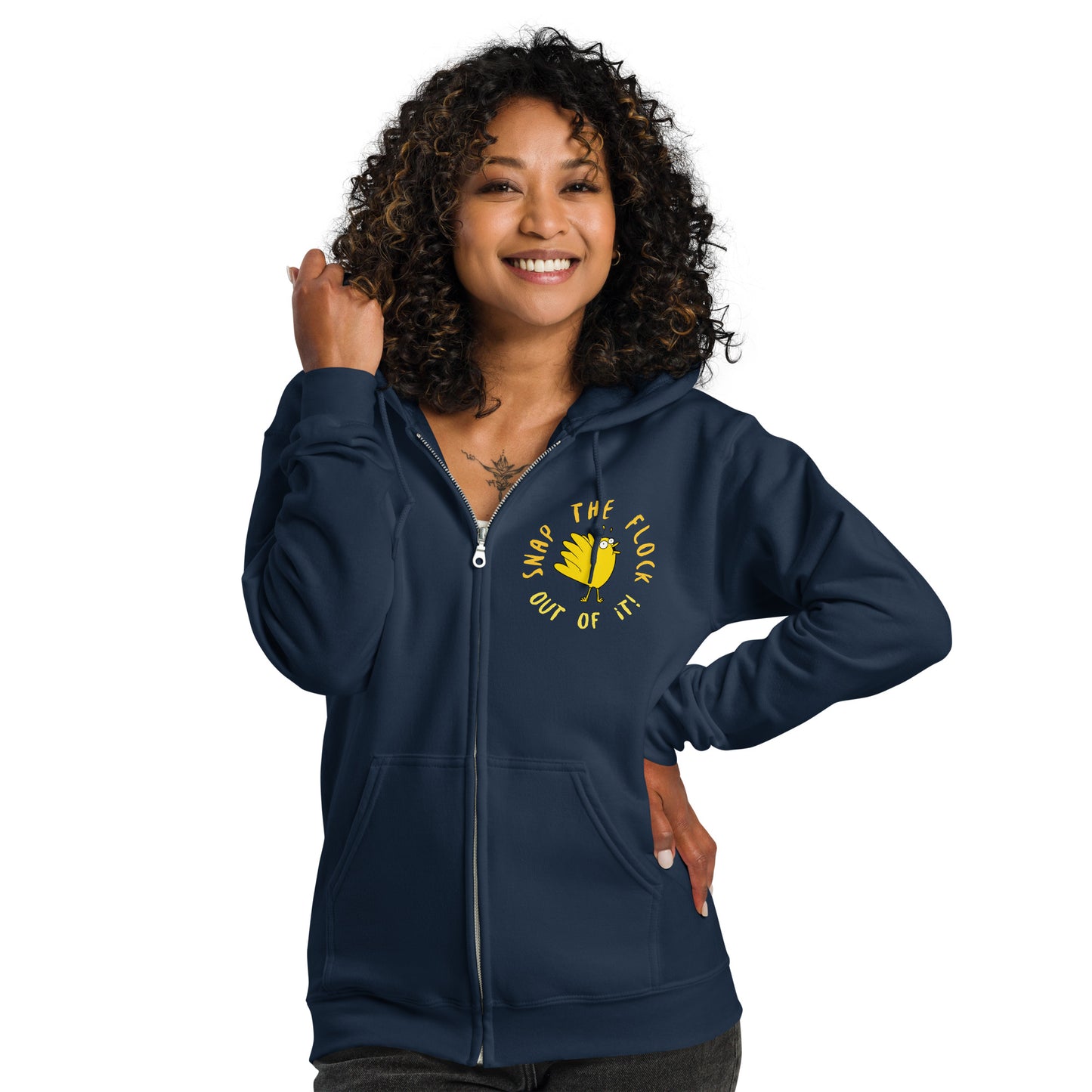 Snap the flock out of it! Unisex heavy blend zip hoodie (yellow font)