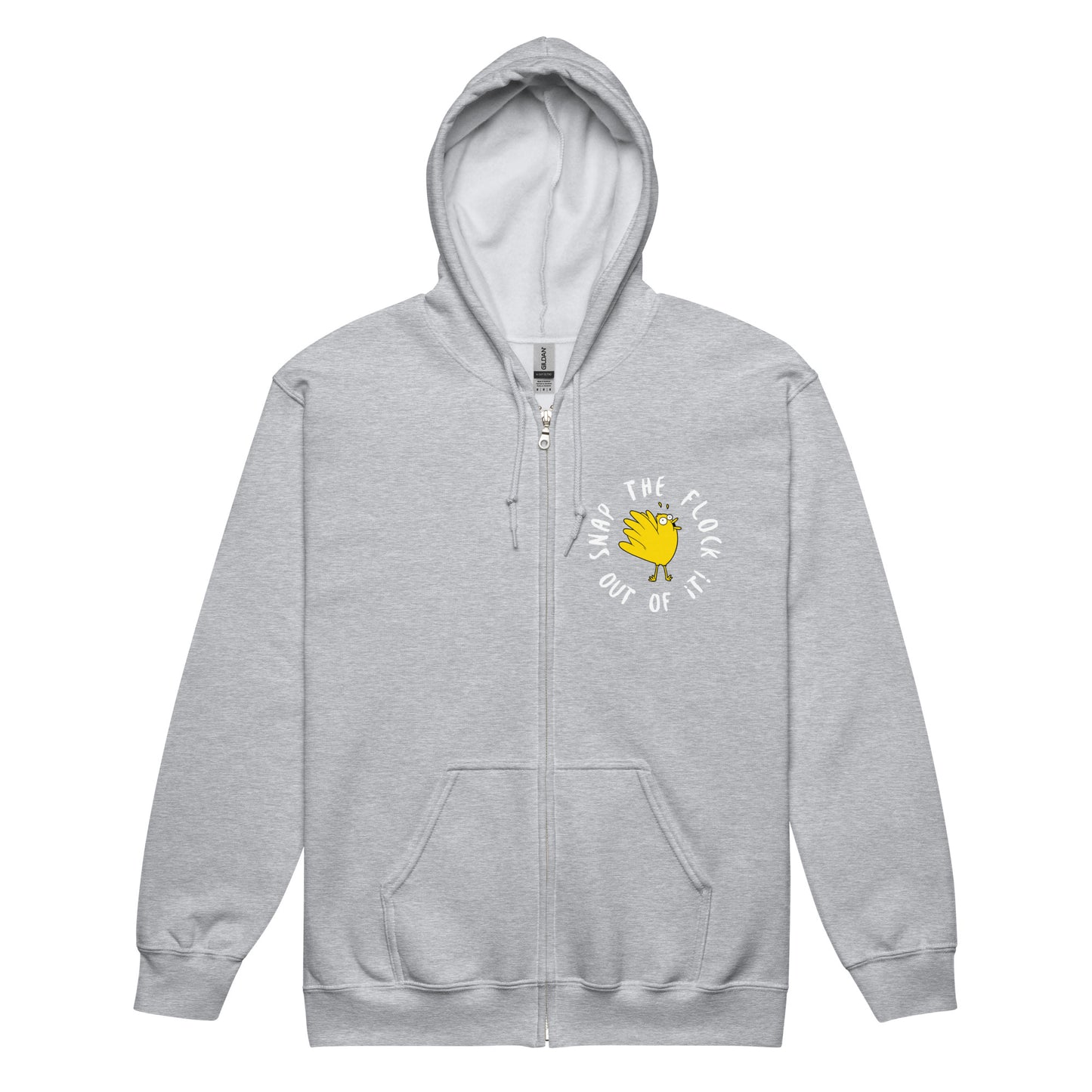 Snap the flock out of it! Unisex heavy blend zip hoodie (white font)