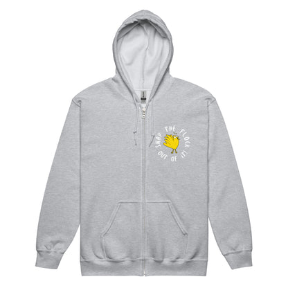 Snap the flock out of it! Unisex heavy blend zip hoodie (white font)