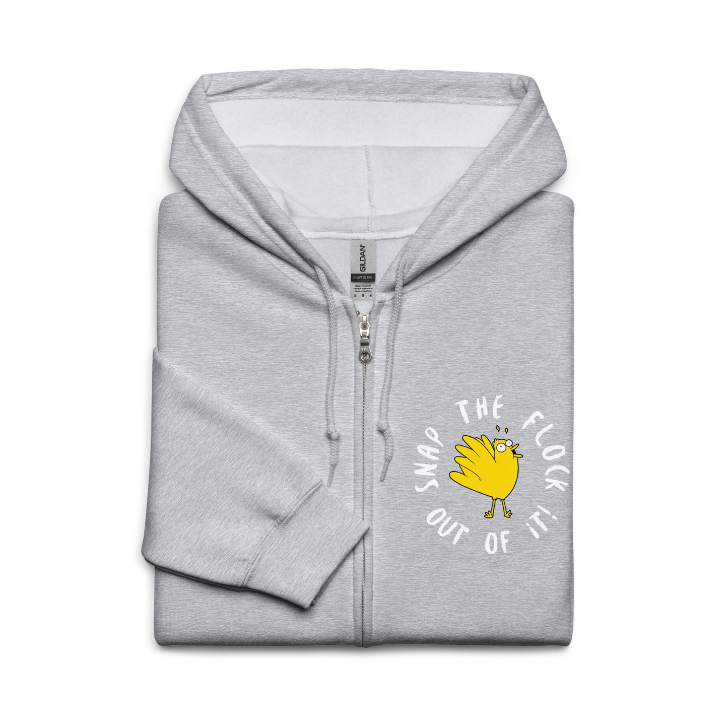 Snap the flock out of it! Unisex heavy blend zip hoodie (white font)